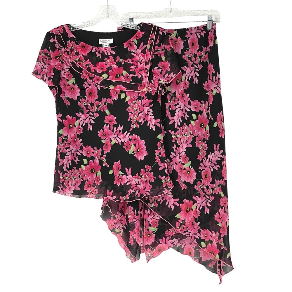 Vintage Miss Dorby Top Skirt Pink Black Floral Set  Sz 10 Cottagecore Fairy Y2K